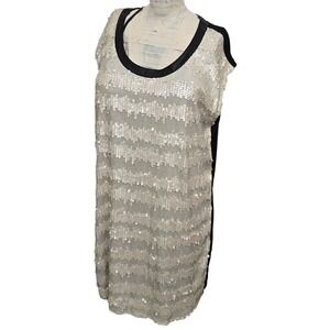 I. Madeline Sequin Shift Dress Large Cream Black Colorblock Mod Party NWT Flaws